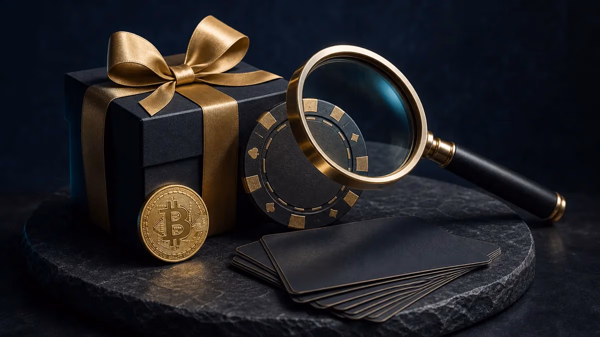 Análisis de bonos de casinos con criptomonedas mediante lupa, fichas y Bitcoin