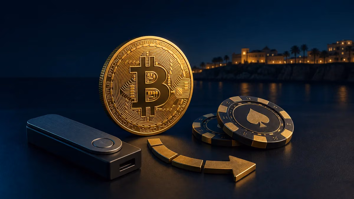 Bitcoin, monedero físico y fichas de casino en una guía de casinos con Bitcoin en España