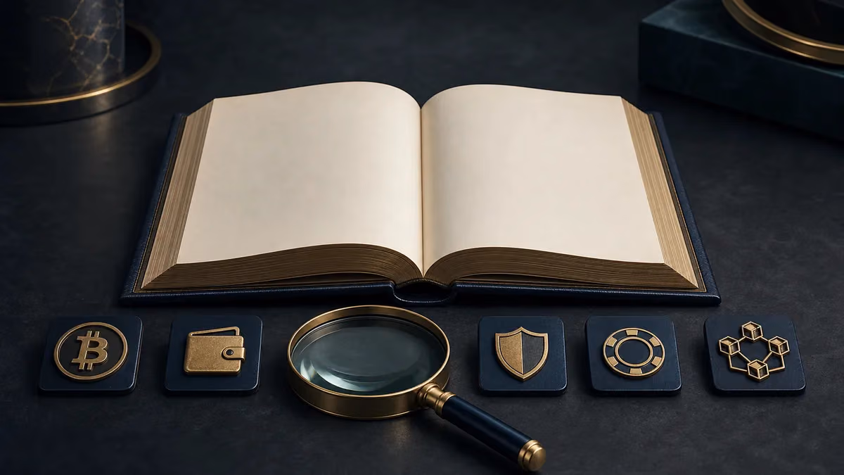 Libro de consulta con símbolos de Bitcoin, monedero, seguridad y blockchain