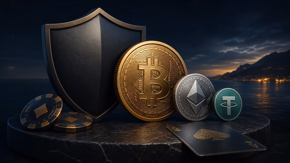 Bitcoin, Ethereum y USDT junto a un escudo de seguridad en una comparativa de casinos con criptomonedas