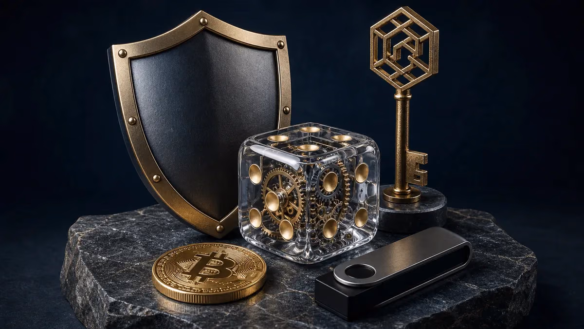 Escudo, dado mecánico verificable, clave criptográfica y Bitcoin